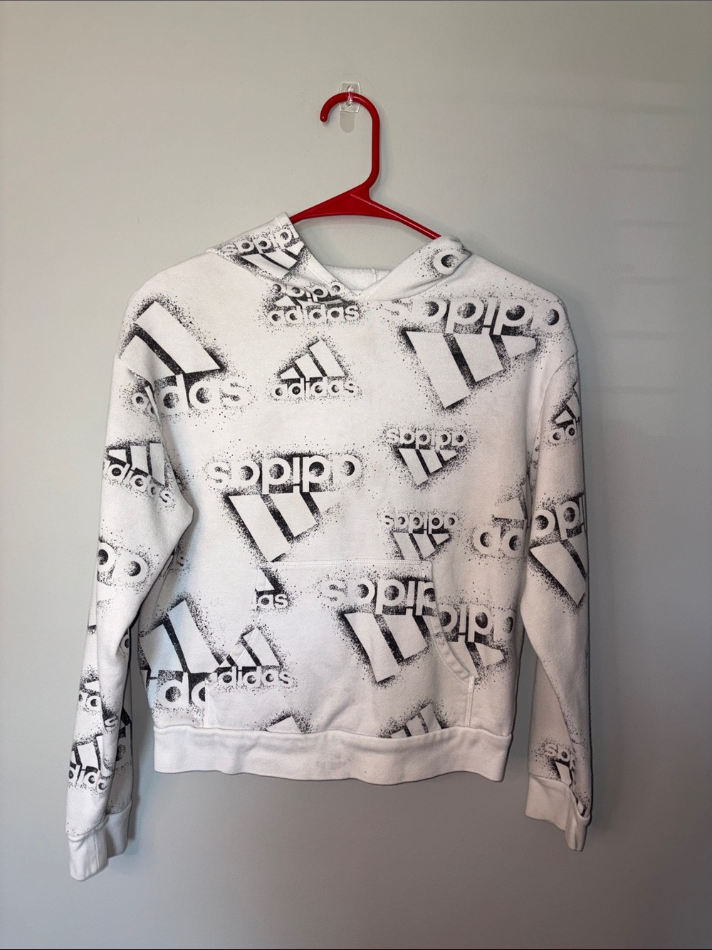 adidas White Hoodie with Black Logo Spray Print Youth M